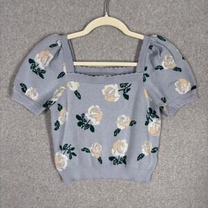 Willow & Wind Floral Sweater Top Small Blue Puff Sleeve Cottage Coquette Girly
